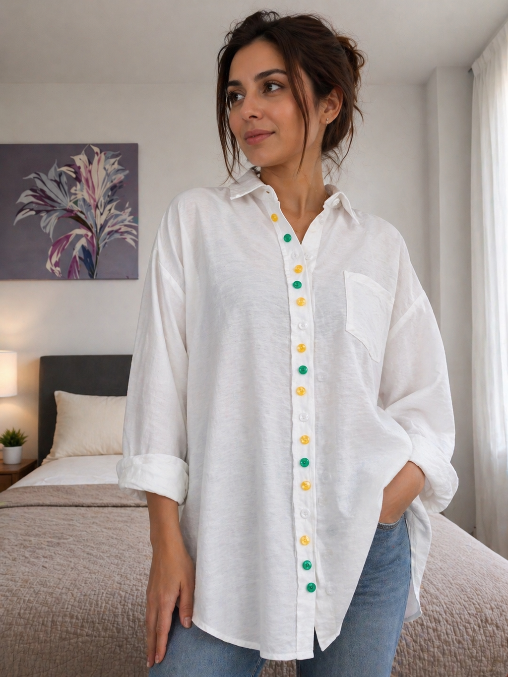 White Linen Shirt with Colorful Buttons