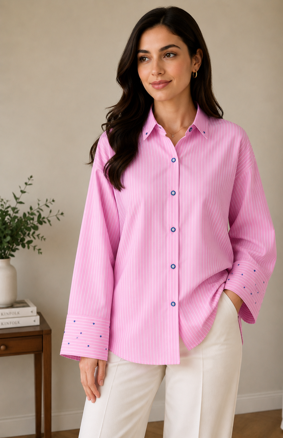 Pink Striped Shirt with Contrast Buttons